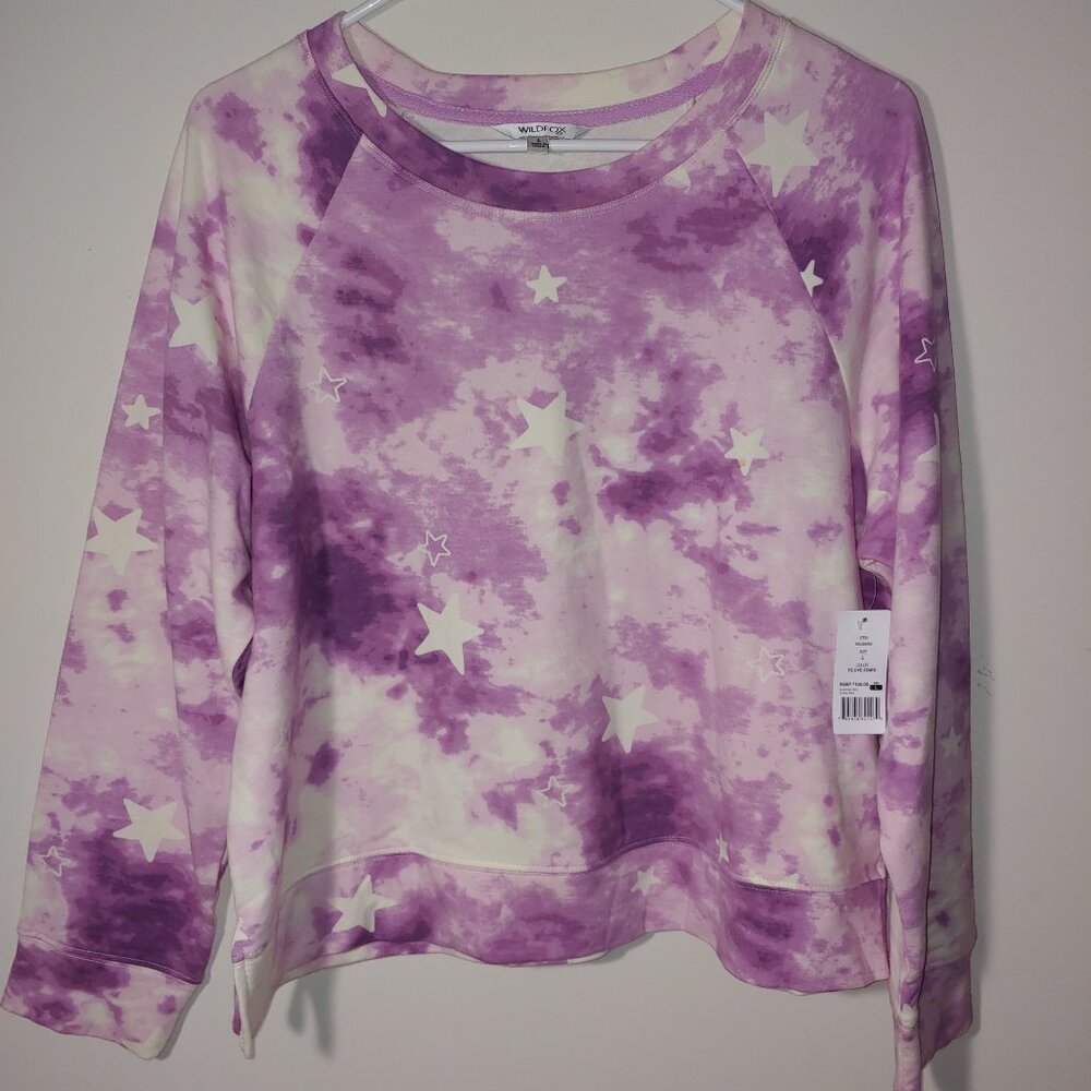 Wildfox Tie Dye Stars Cropped OVersized Sweatshirt Crew neck Size L Purple